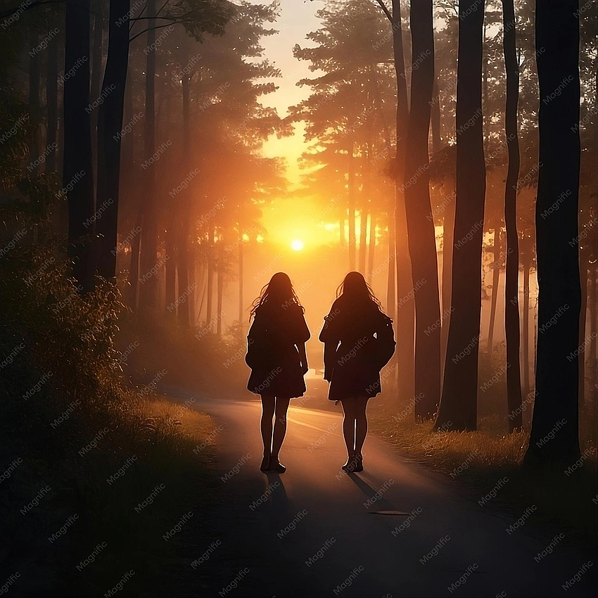 Two teenage girls looking distant, blurred background, pensive mood