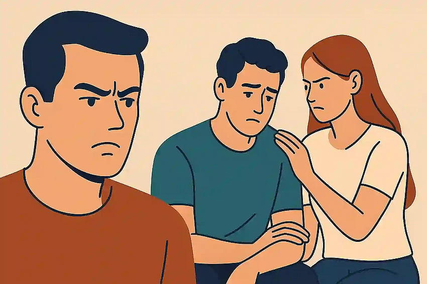 Friend argument, one friend looks manipulative, other looks upset, subtle tension