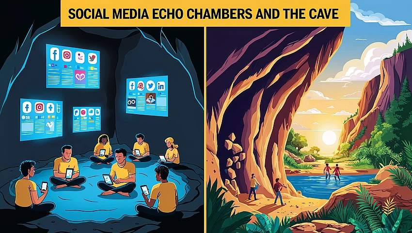 Echo chamber metaphor, people in identical poses, digital filter over reality