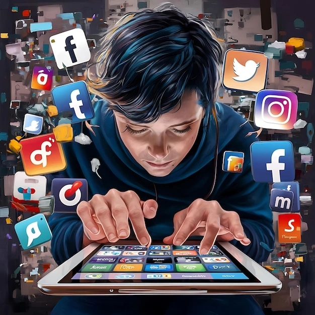 Person lost in a digital maze, algorithm overload, social media influence