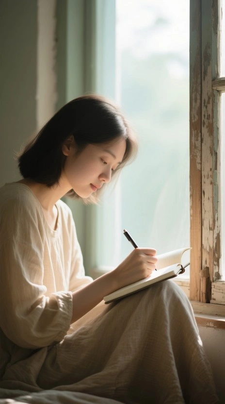 Person journaling by a window, thoughtful introspection, quiet contemplation