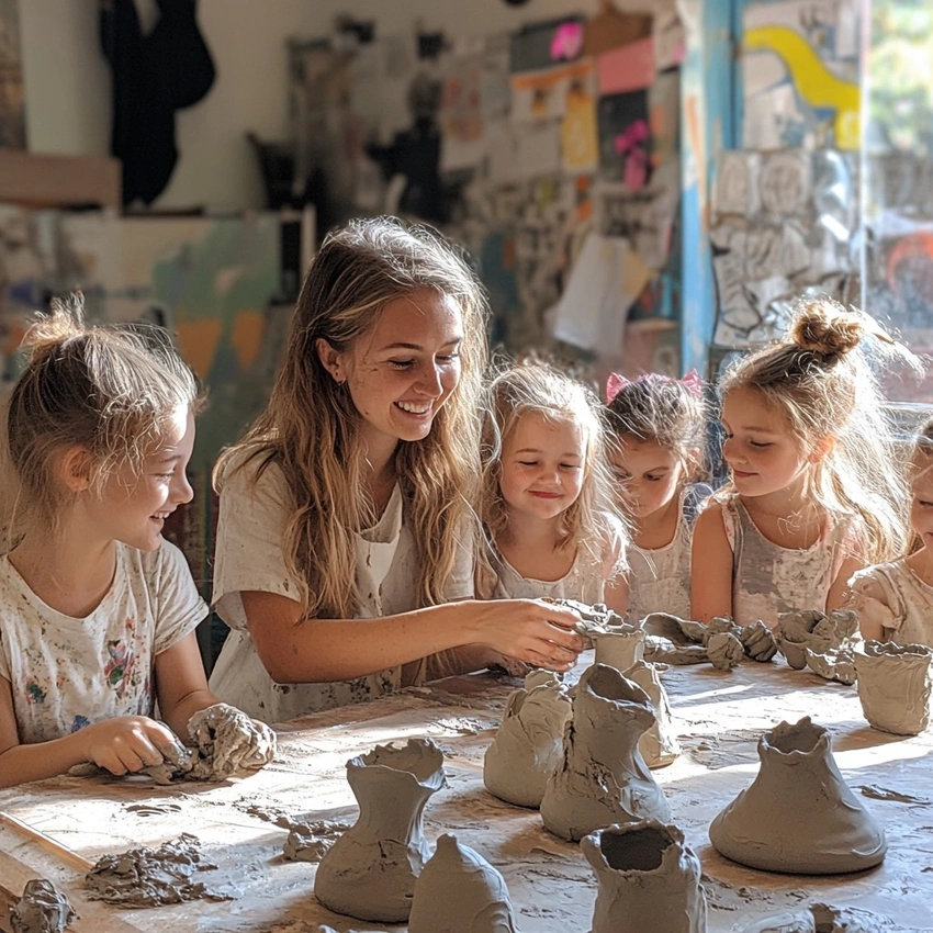 Person reading a physical book in nature, hands crafting pottery, diverse group laughing together