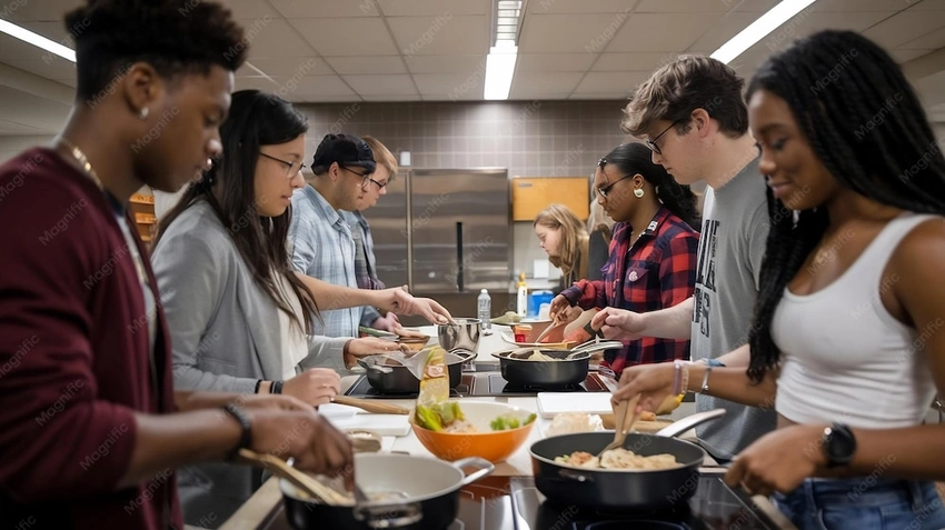 College students cooking together party