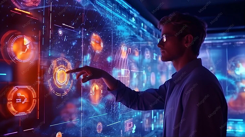 Person interacting with holographic AI