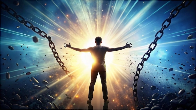 person breaking chains, lightbulb moment illustration