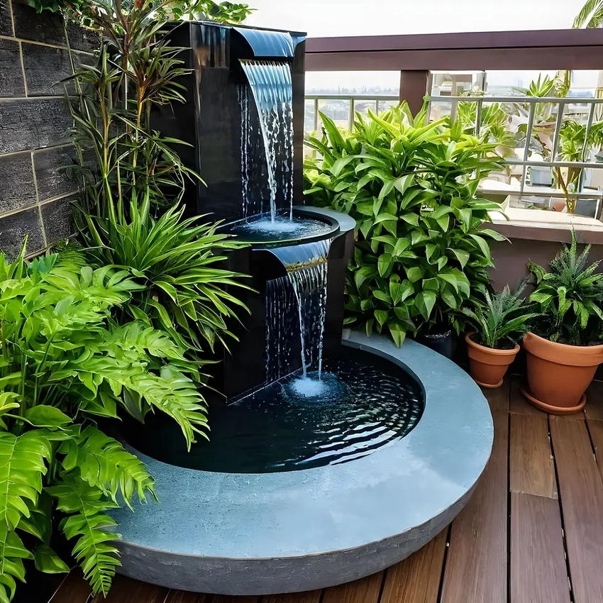 small balcony fountain with lush plants