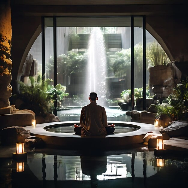 person meditating by a small indoor waterfall fountain