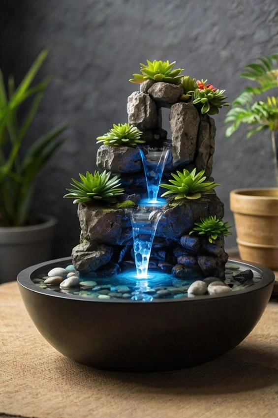 serene indoor tabletop fountain with soft lighting