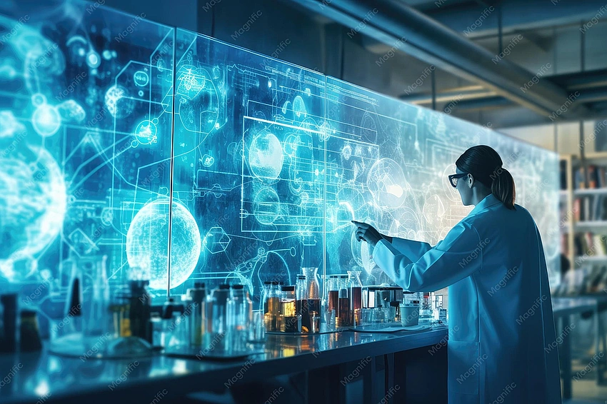Scientist in lab with AI interface, focused research