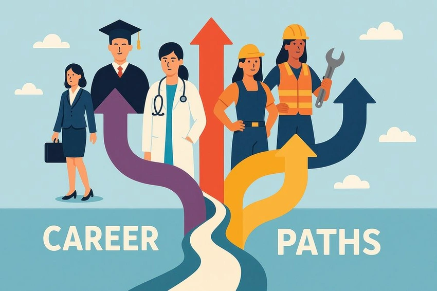 Person connecting diverse ideas, career growth path