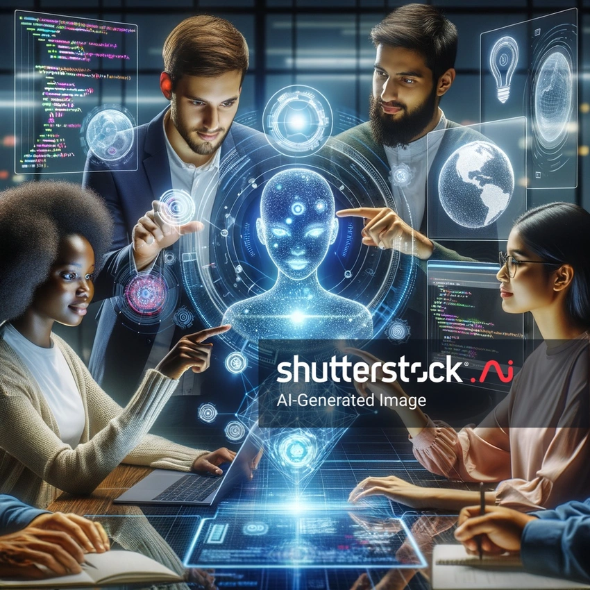 Diverse professionals collaborating, human-AI synergy
