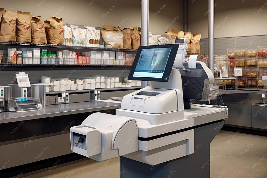 Self-checkout line, robotic arm