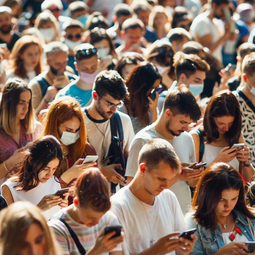 Crowded place, people on phones, isolated