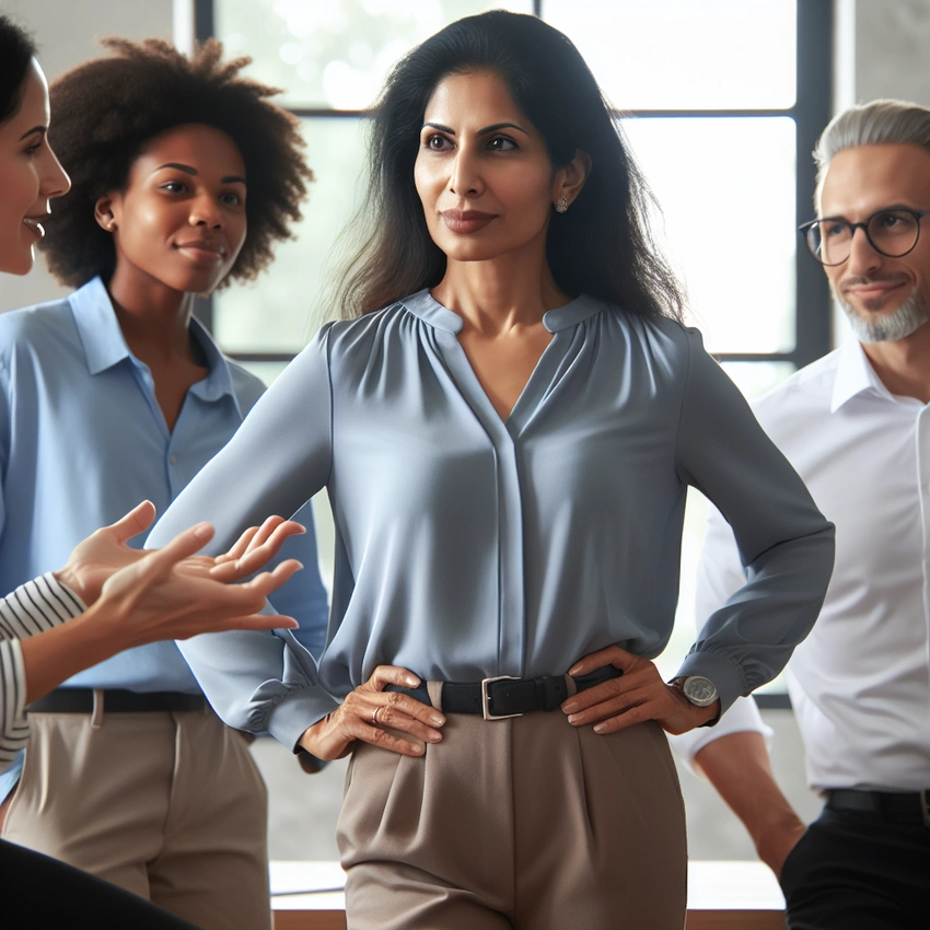 woman setting boundaries calmly, firm expression