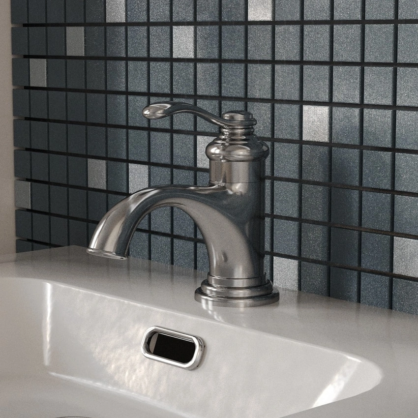 Close up brass faucet black steel cabinet chrome handles