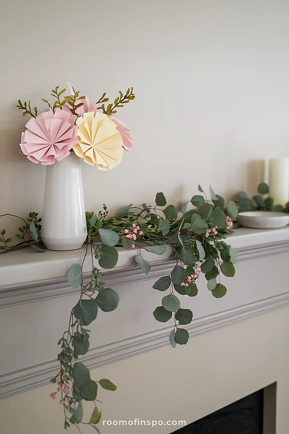 Spring mantel decor pastel flowers