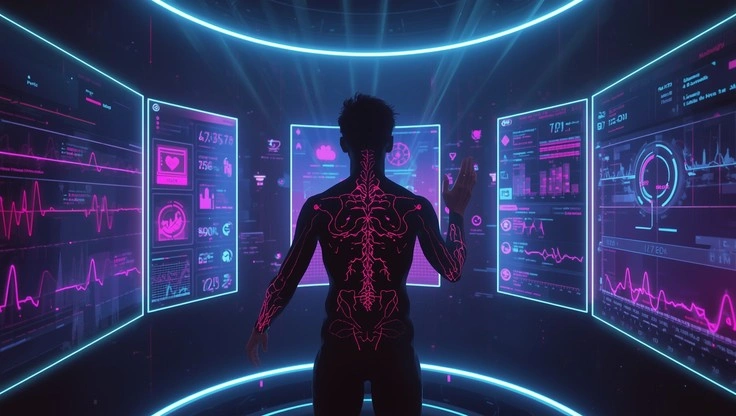 futuristic wellness, person looking at health data on screen
