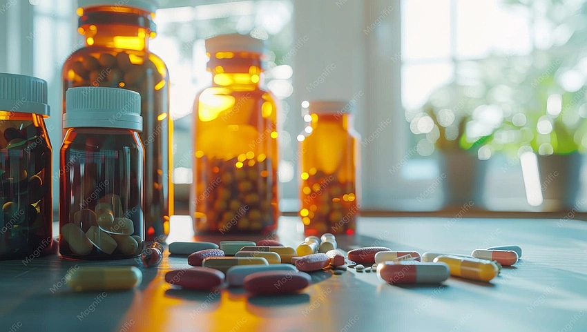 large collection of colorful supplement bottles, many pills on a table
