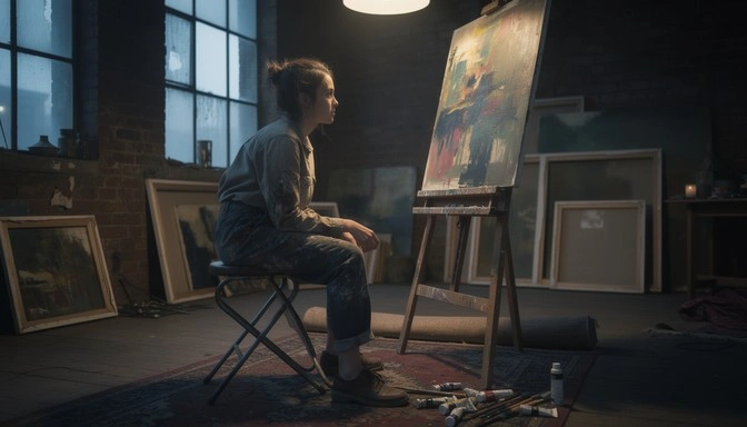 Artist struggling in studio, dramatic lighting