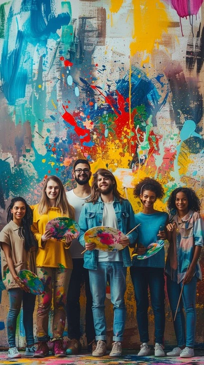 Diverse group of young artists, looking inspired
