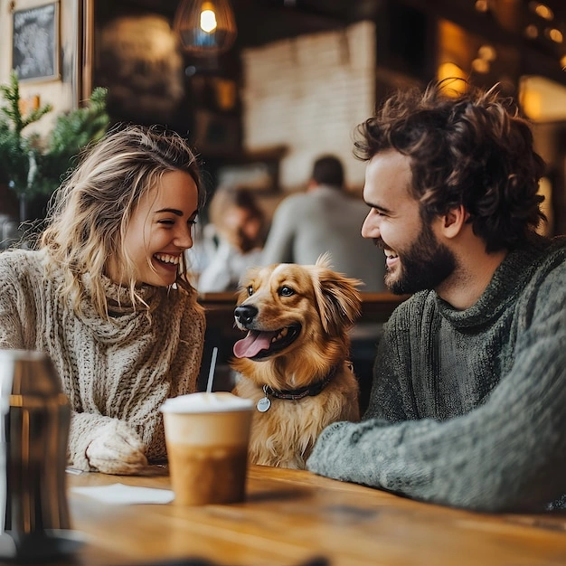 couple dog patio cafe cozy