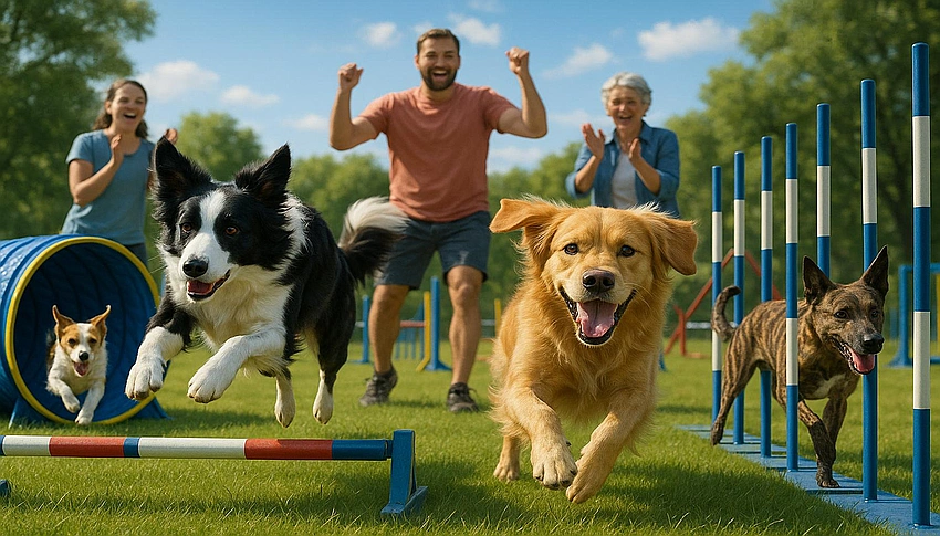 dog agility course couple smiling