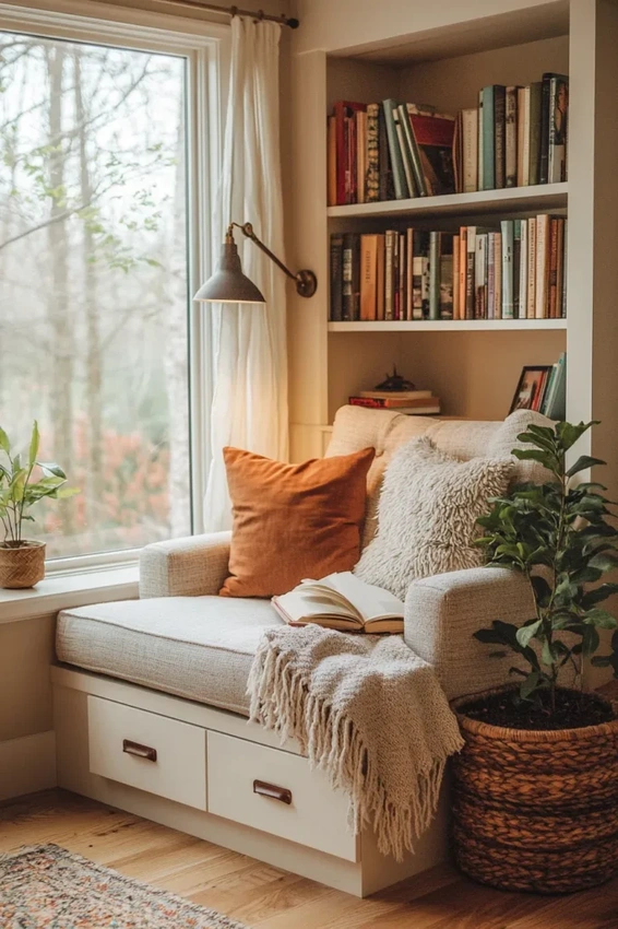 Cozy reading nook, aesthetic coffee and book
