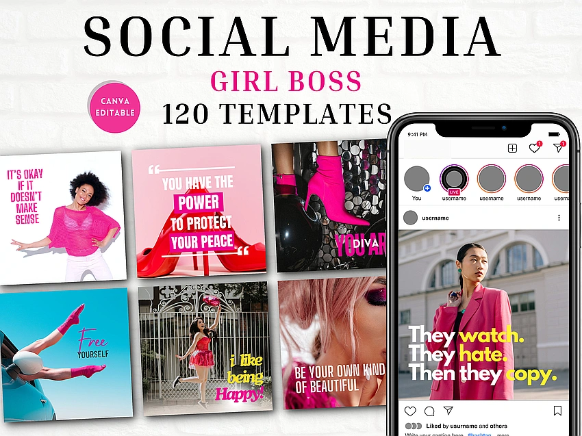 Teenager looking at inspiring 'girl boss' social media posts, feeling motivated.