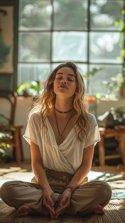 Serene young woman meditating or journaling in a sunny, calm space.