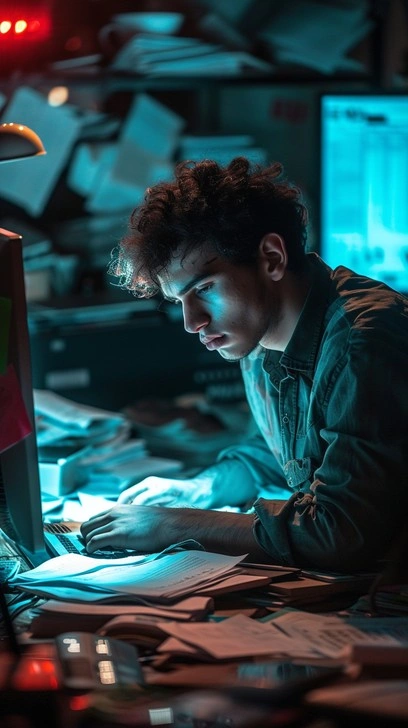 Overwhelmed young professional working late at night, surrounded by papers and glowing screens.