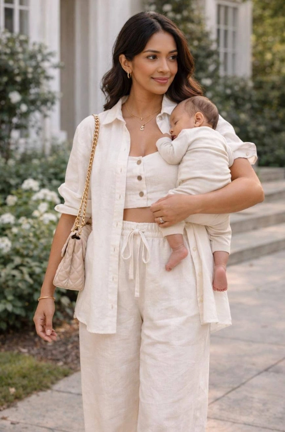 stylish postpartum woman in comfortable outfit