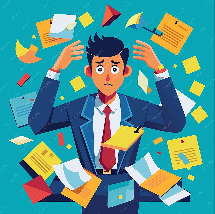 person looking overwhelmed with multiple tasks