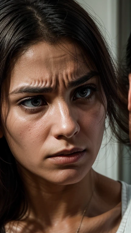 Close-up of a suburban woman's face, conflicted expression