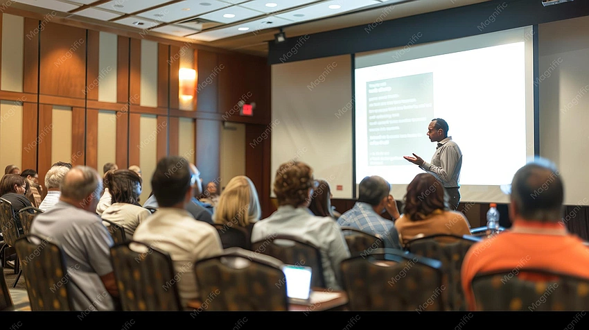 diverse group collaborating, person giving presentation