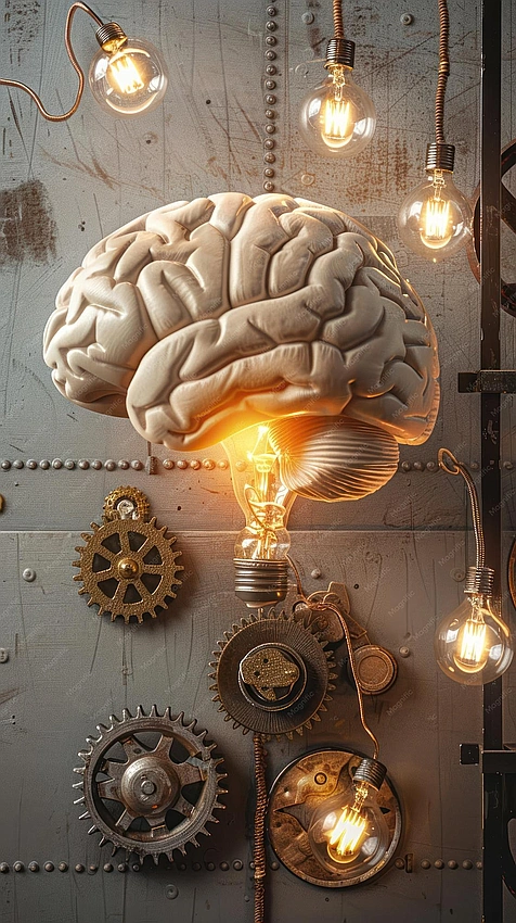brain diagram with light bulb, gears turning illustration