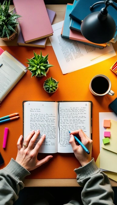 handwritten notes on a desk, focused student thinking