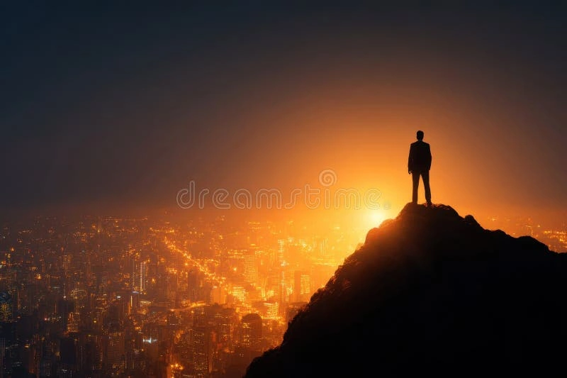 Entrepreneur standing confidently on a mountain peak, looking at a futuristic city, sunrise