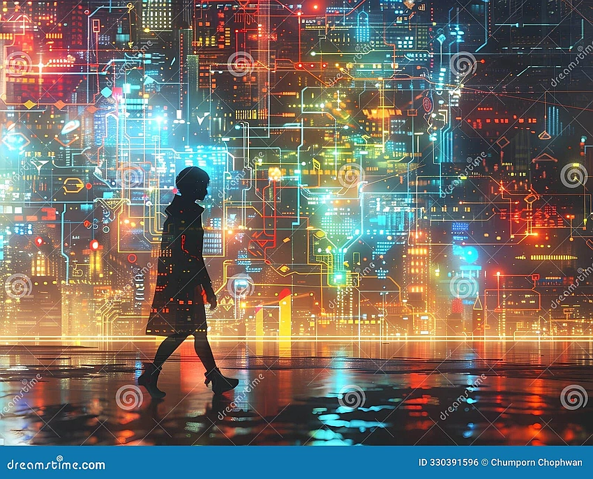 Futuristic cityscape, glowing data, entrepreneur silhouette