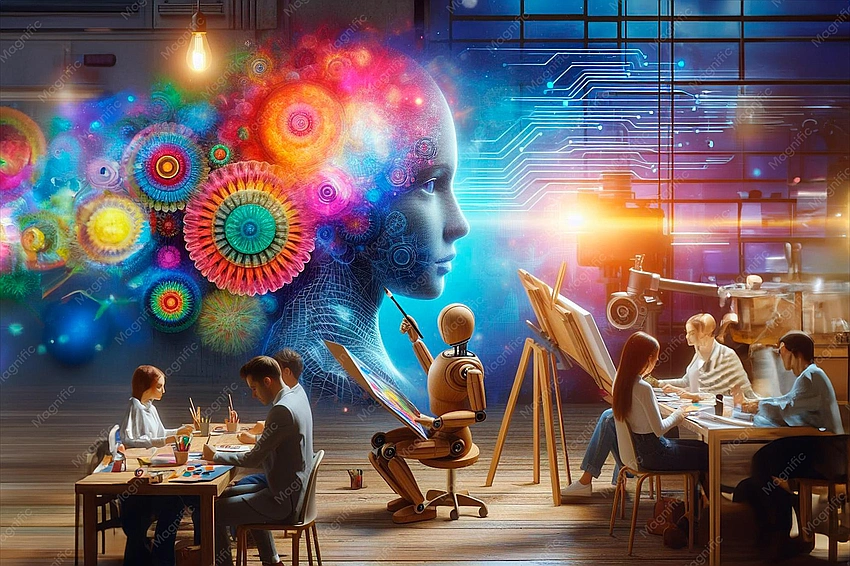 Abstract art, human and AI collaboration, vibrant colors, future growth.