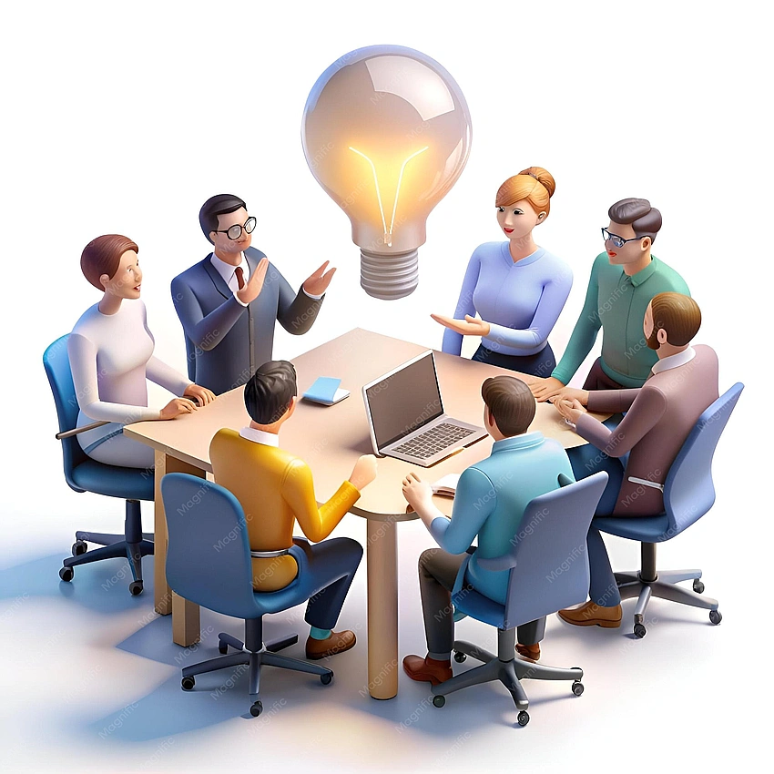 Diverse team brainstorming, lightbulb moment, creative energy