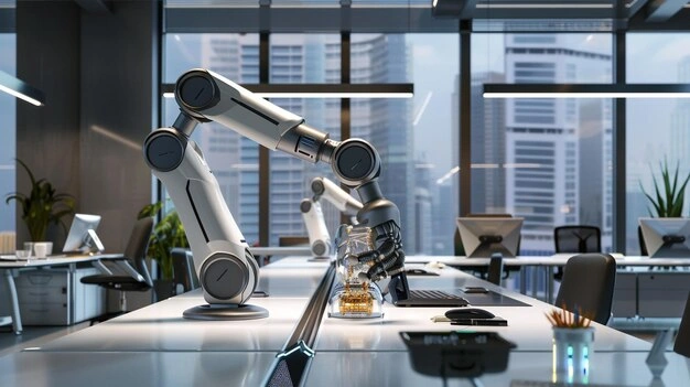 Robotic arms collaborating with humans in a modern office, sleek design