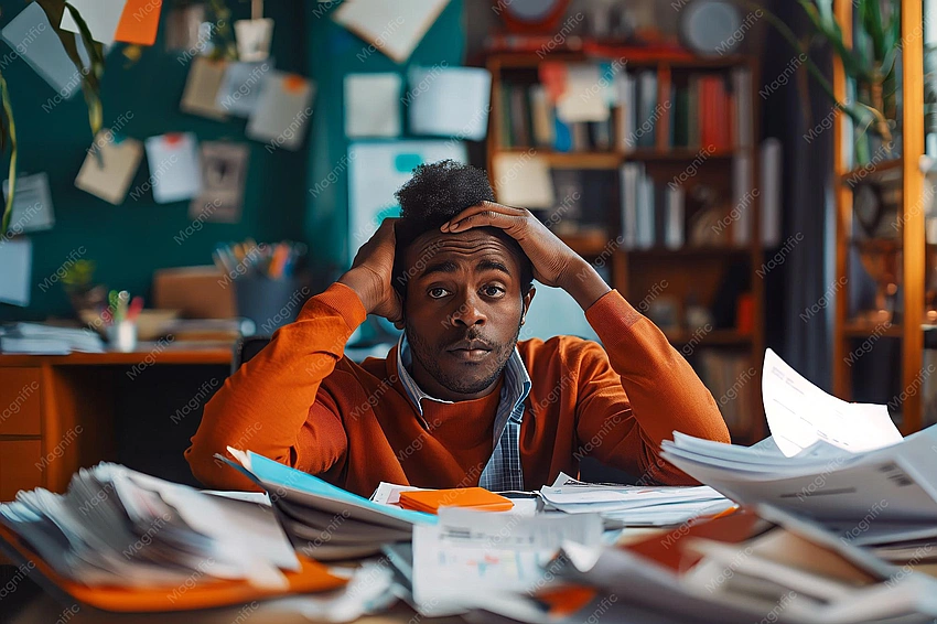 overwhelmed person looking at calendar, stressed modern life