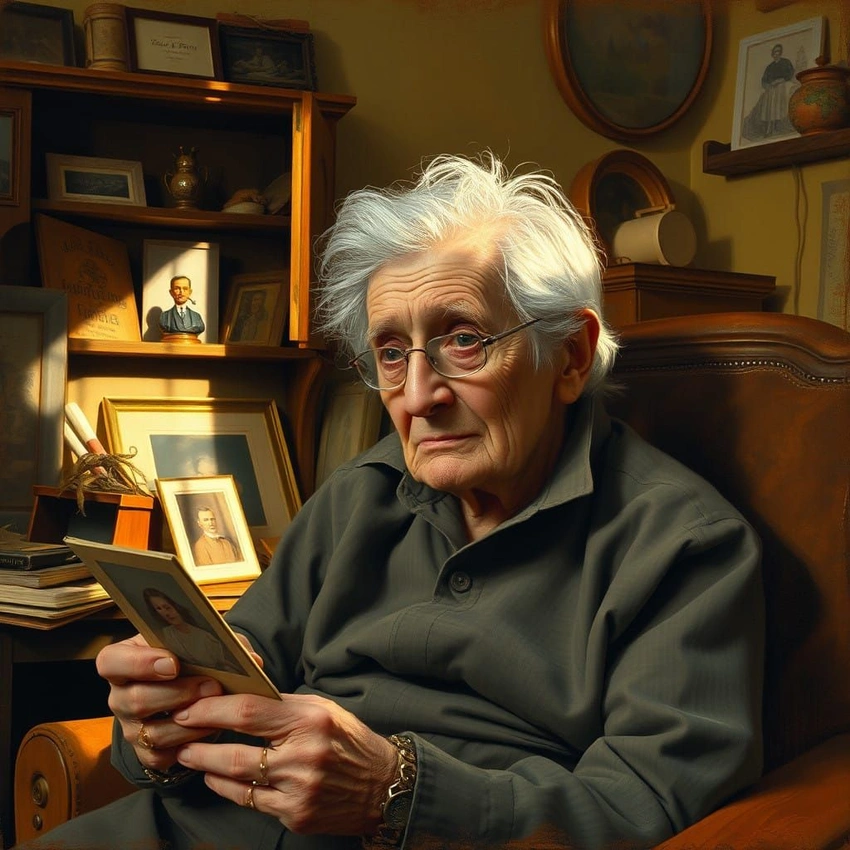 person looking at old photo smiling wistfully