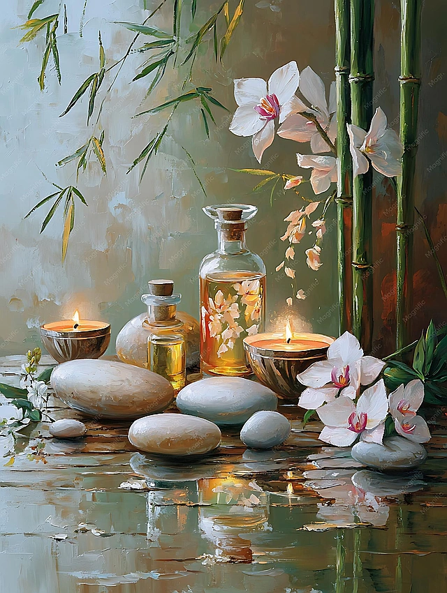 Person painting abstract art, calming spa money