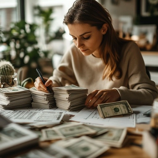 Person meticulously crafting, organized desk money