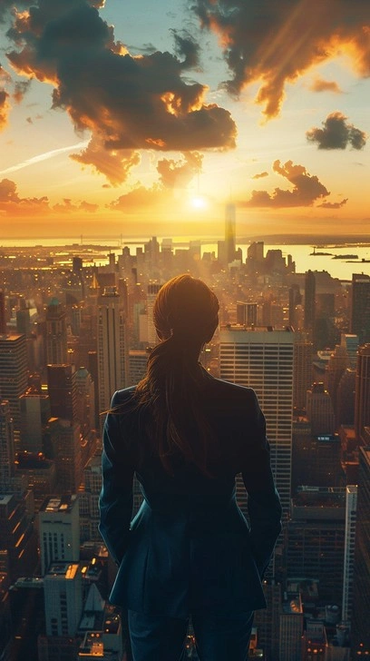 thoughtful woman looking at city skyline