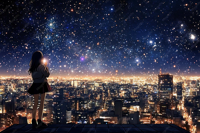 Person looking up at stars, dreaming, inspirational, city lights