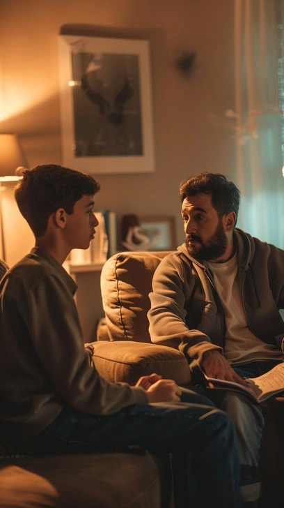 Two people in deep conversation, warm lighting, contemplative, thoughtful expressions