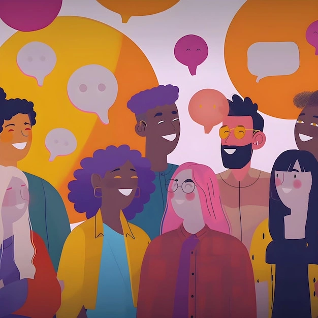 Vibrant social gathering, people laughing, animated speech bubbles