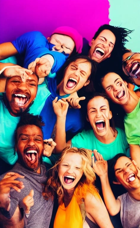 Friends laughing hard, funny moment, vibrant colors, close up